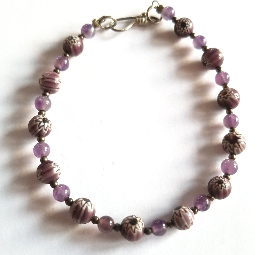 Handmade bracelet purple beads silver tone